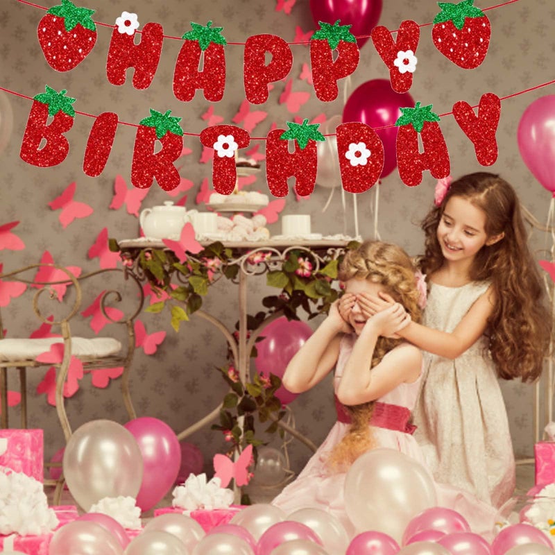 BIEUFBJI Strawberry Happy Birthday Banner, Glitter Strawberry Banner, Strawberry Theme Birthday Garland for Birthday Party Hanging Decorations - Image 4